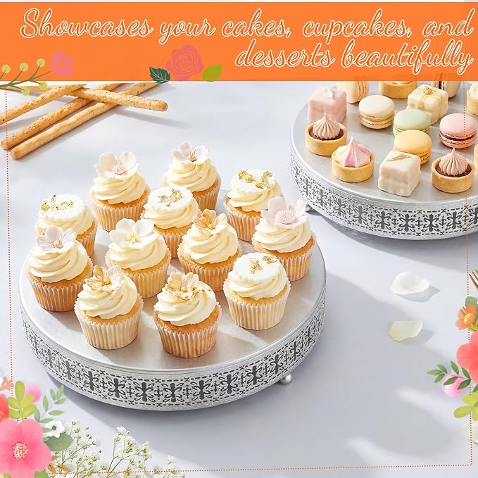 Wenqik 2 Pack Cake Stand Set, 14/16 Inch Metal Round Cupcake Dessert Stand Decorative Elegant Cake Display for Weddings Party Birthday Baby Showers Anniversary(Ornate Floral,Silver)