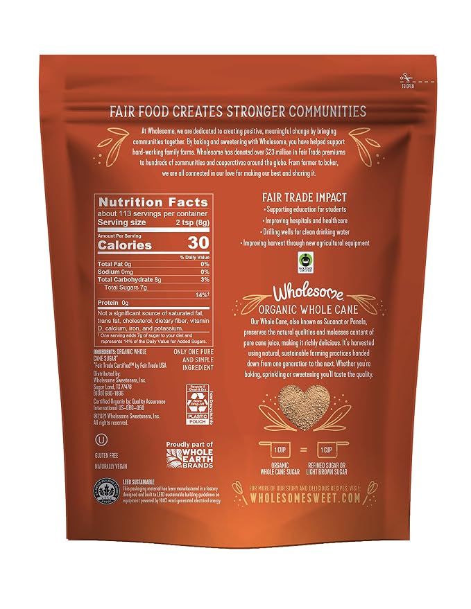 Wholesome Sweeteners 32-Ounce Organic Sucanat Panela Whole Cane Sugar, Fair Trade, Non-GMO Project Verified, Gluten Free & Vegan for Baking, Sprinkling and More, (Pack of 2)