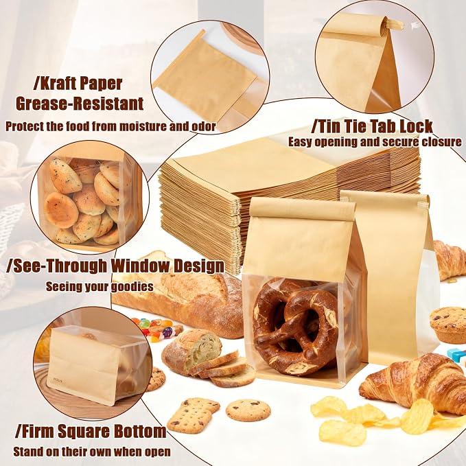 100PCS Bread Bags for Homemade Sourdough Bakery Cookie Kraft Paper Bag 5.1 x 4.13 x 11 Inch Tin Tie Tab Lock Loaf Treat Bag with Window for Bakery Cafe Homemade Breads Packaging