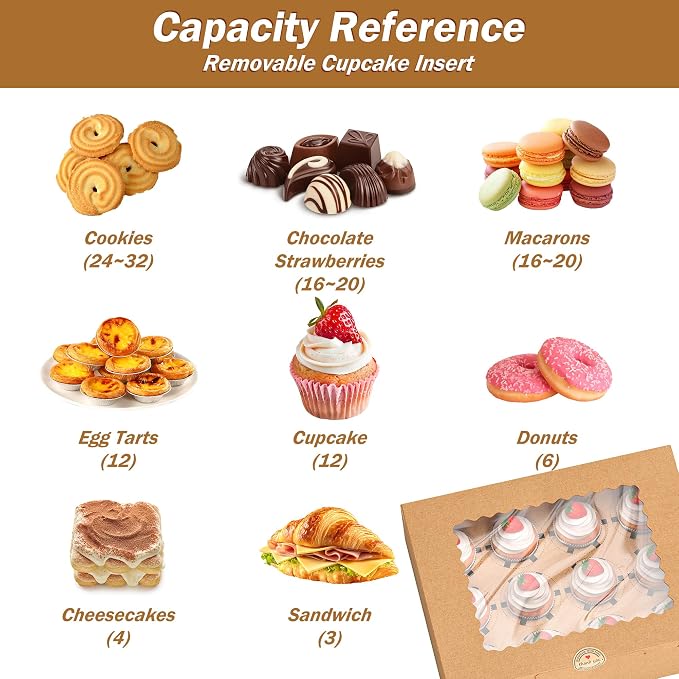 50 PCS 12 Count Cupcake Boxes Bulk for Dessert | Brown,Clear Window,Kraft,Cupcake Containers,Dozen,Deep,Cupcake Carrier With Inserts&Sticker,for Party, Birthday,Holiday,Gift