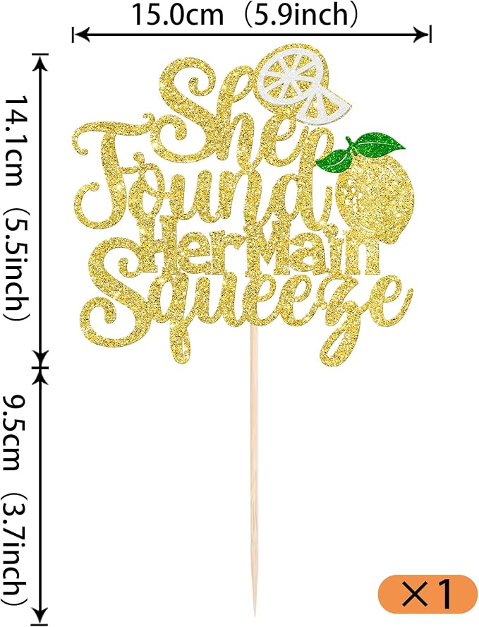 Rsstarxi 1 Pack She Found Her Main Squeeze Cake Topper Gold Glitter Bridal Shower Cake Pick for Lemon Theme Wedding Engagement Bachelorette Party Cake Decorations Supplies