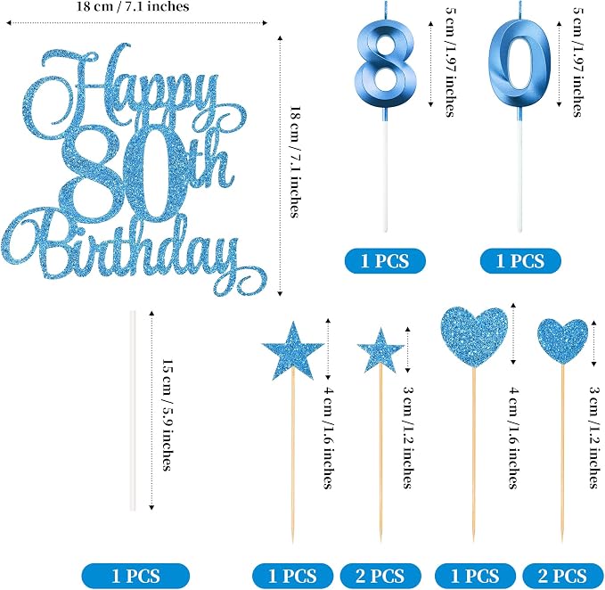 80th Birthday Cake Decorations, 80th Birthday Candles Cake Numeral Candles and Glitter Happy 80th Birthday Cake Toppers Set for Birthday Party Supplies (Blue)