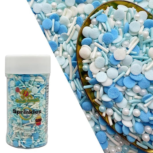 CandiJumpin Light Blue and White Pearl Sprinkles, Edible Pearls and Jimmies Mix Baby Blue and White Sprinkles Crunchy Jimmies Edible Pearls for Cake Decorating Pearl Decoration for Baking Baby Shower Party Birthday Wedding Christmas Supplies 3 OZ