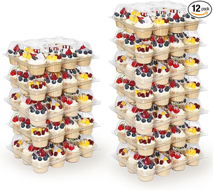 WIKDAY 12 Count x 12 Sets Plastic Cupcake Containers, Durable and BPA-Free Cupcake Holder with Lid for Easy Transport Storage, Stackable Clear Cupcake Carriers, Reusable Dessert Boxes