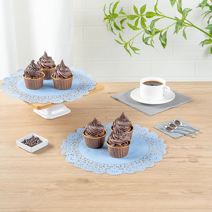 Restaurantware-Pastry Tek 12 x 12 Inch Paper Lace Doilies, 4000 Disposable Table Doilies - Elegant Lace Finish, Long Lasting, Sky Blue Paper Placemat, for Pastries, Cupcakes, Desserts