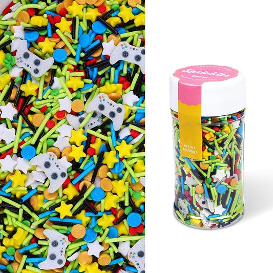 Edible Sprinkles for Cake Decorating, Green Yellow Sprinkles Mix with Game Wafer Papers, 3oz Game Themed Sprinkle for Baking, Cupcakes, Ice Cream, Cookie, Chocolate Decorating
