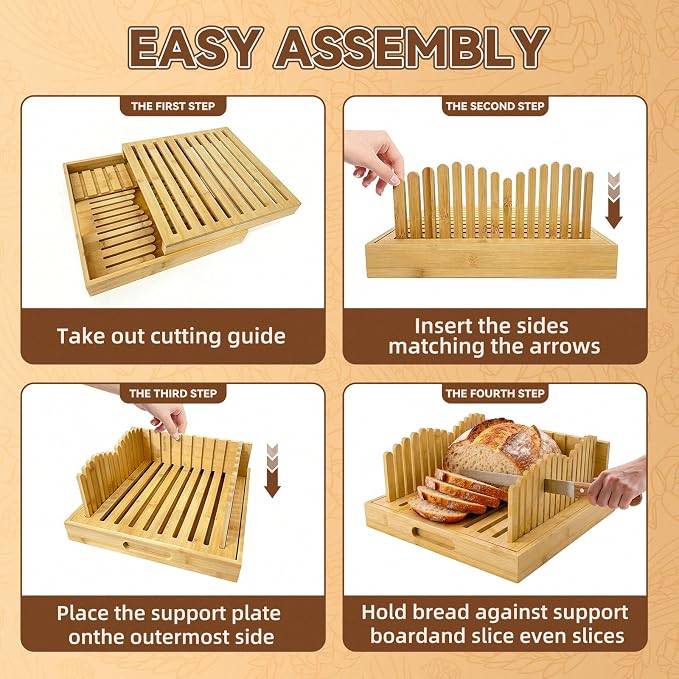 Bamboo Adjustable Bread Slicer with Crumb Catcher Tray, Foldable 3 Thickness Cutting Board, Non-Slip Multi-Purpose Serving Tray for Toast, Sourdough, Baguette Homemade Bread