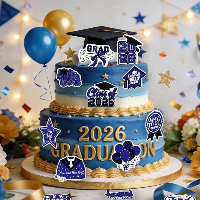 48pcs Edible 2026 Graduation Cupcake Toppers Wafer Paper Blue Class of 2026 Cake Decorations Edible Congrats Grad Cupcake Picks for 2026 Graduation Theme Party Cake Supplies