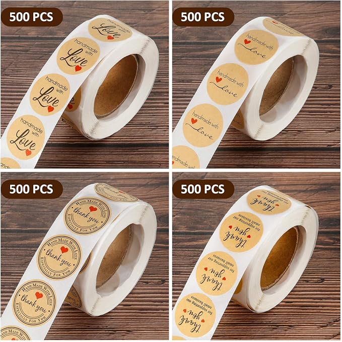 Outus 2000 Pieces Handmade with Love Stickers Roll Thank You Label Kraft Round Adhesive Stickers 4 Rolls, 500 Labels Per Roll for Present Bags Wedding Thanksgiving, 1 Inch