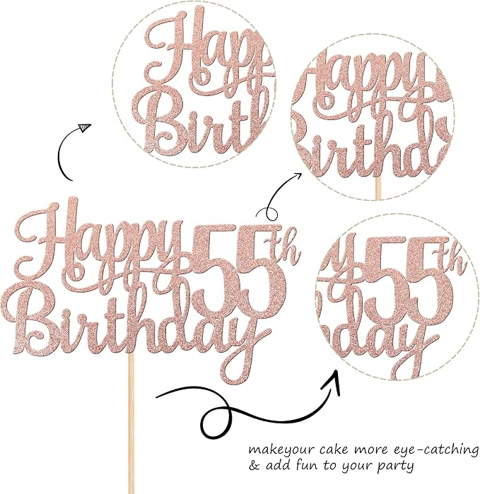 1 PCS Happy 55th Birthday Cake Topper Glitter Cheers to 55 Years Birthday Cake Pick 55 Fabulous Cake Decoration for Happy 55th Birthday Theme Party Decorations Supplies Rose Gold