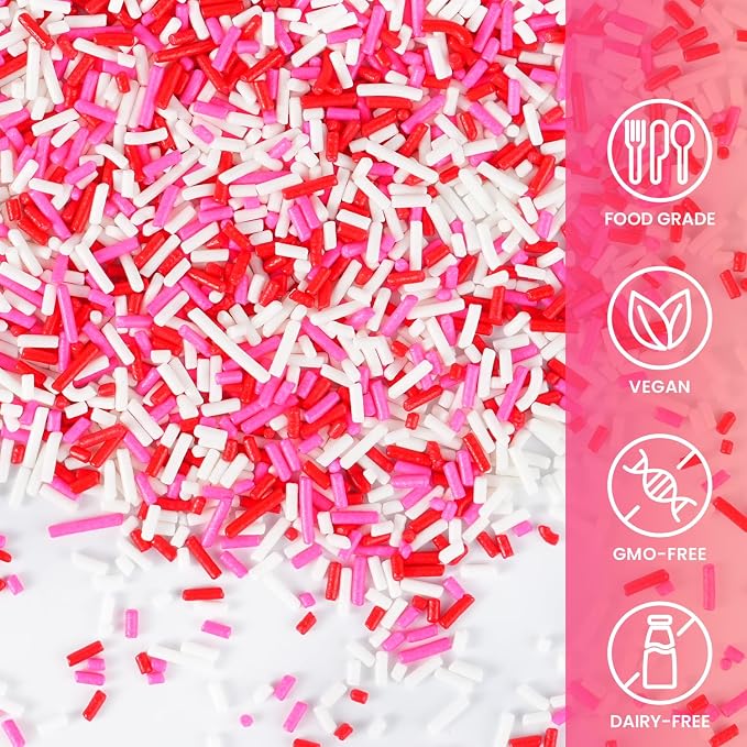 Red Pink and White Sprinkles, 100g Valentines Jimmies Sprinkles for Cupcake Toppers Cake Decorating Cookies Baking Dessert for Valentines Girls Pink Party Food Decorations