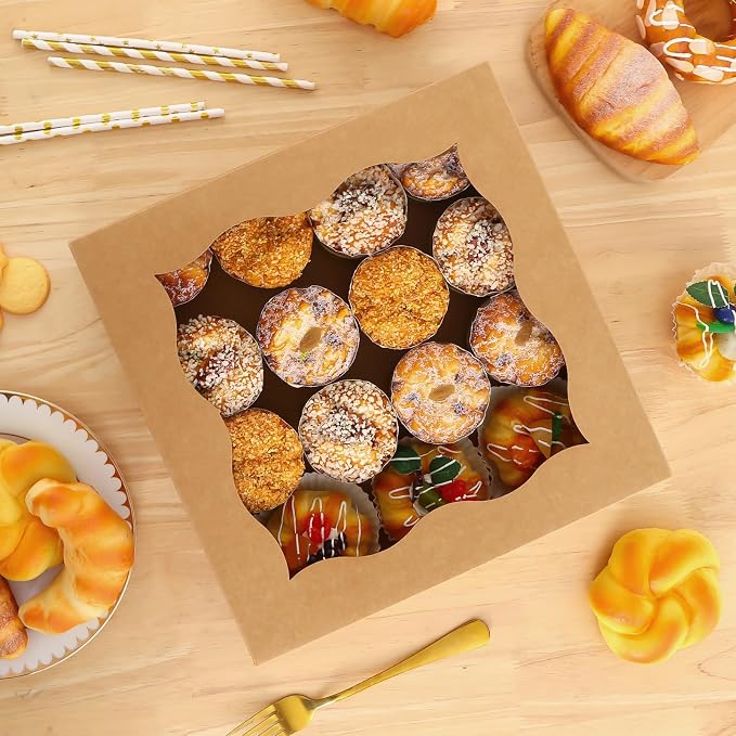 Moretoes 25pcs Pie Boxes, 12x12x3 Inch Auto-Popup Brown Bakery Boxes with Window for Pie, Cookie Cake, Treats, Desserts, Donuts, Muffins