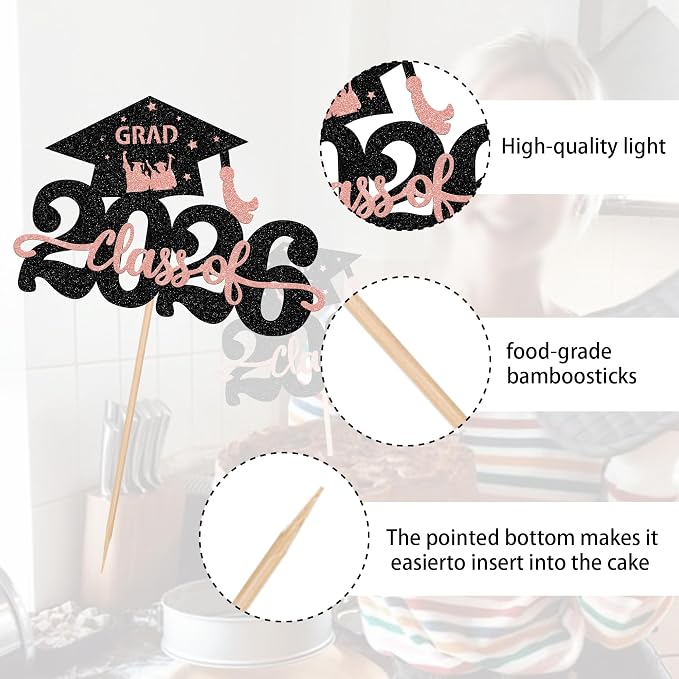 1 Pack Class of 2026 Cake Topper Glitter Congrats Grad Cap 2026 Graduation Cake Pick Decoration for 2026 Graduation Theme High School Graduate Party Cake Decorations Supplies Rosegold