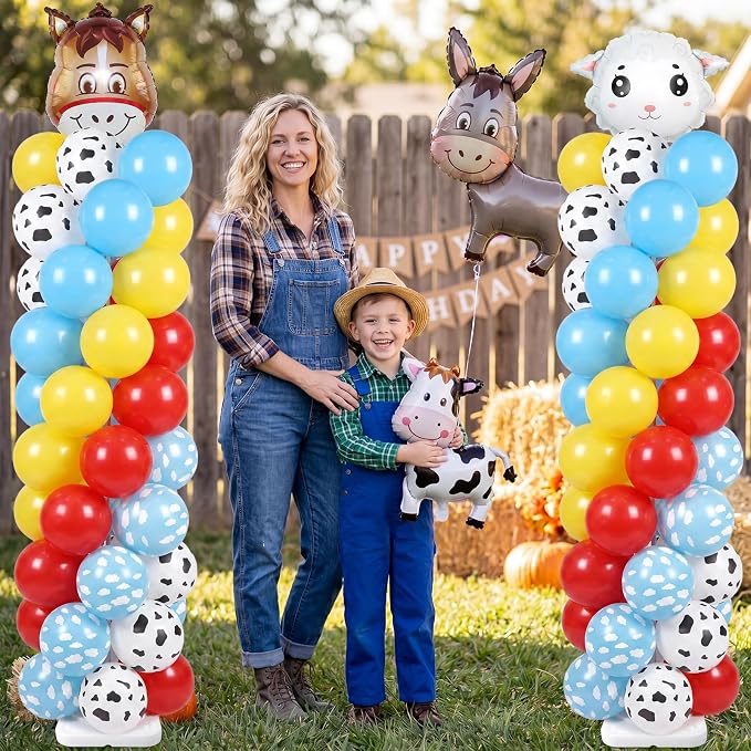 Skylety 2 Sets Farm Animal Balloon Column Stand Kit Adjustable Farm Red Yellow Blue Balloon Tower Stand with Bases for Barnyard Birthday Wedding Graduation Party Baby Shower Decorations Supplies