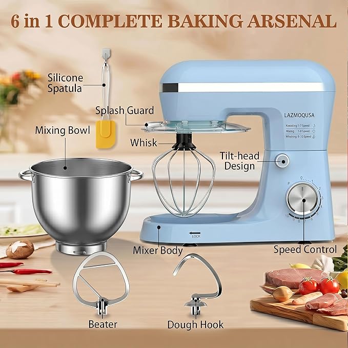Stand Mixer, 6.5 Quart, 660W, Tilt-Head Food Mixer with 10+ Speeds, Stainless Steel, Multifunctional, for Bread Dough and Cake (Blue)