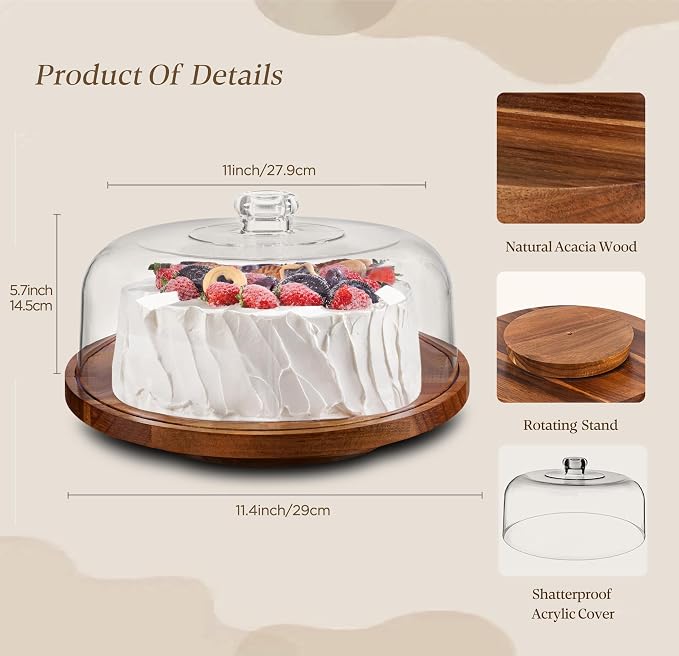 Farmyards Rotatable Acacia Wood Cake Display Stand with Acrylic Dome Lid - 2-in-1 Rotating Cake Holder, Cake Plate Display with Cover for Baking Gifts, Dessert Table Display Set & Charcuterie Board