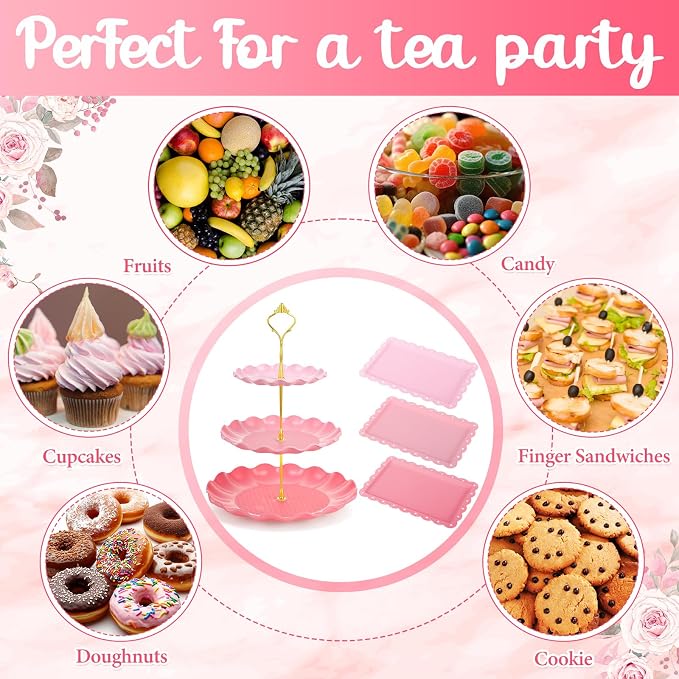 FoldTier 6 Pack Cupcake Stand Set 3 Pcs 3 Tier Gradient Dessert Table Display Stands Cookie Tray Rack 3 X14 in Rectangle Party Trays for Wedding Birthday Tea Party Baby Shower (Pink,Round)