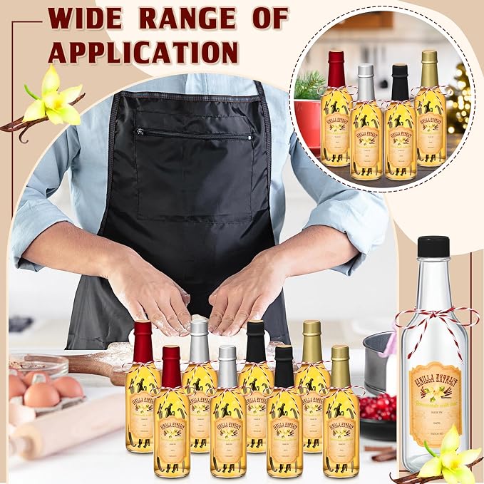 Tioncy 16 Pcs Empty Vanilla Extract Bottles for Homemade Vanilla Jar Glass Bottle with Cap, Shrink Band, Sticker DIY Crafts Wedding Gift Food Storage Canister for Bean(Multicolour,8.5 oz)
