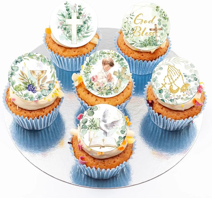 64 PCS Edible God Bless Cupcake Toppers Greenery Leaves Baptism Dove Cross Cupcake Picks Edible First Holy Communion Cake Decorations for God Bless Theme Baby Shower Boys Birthday Party Supplies