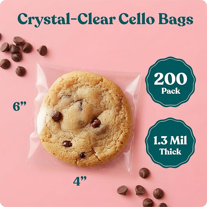 4" X 6" Clear Cookie Bags With Seal (200 Pack) - Self Sealing Cellophane Bags for Baked Goods Packaging, Cookie Wrappers, Bakery Packaging, Bake Sale, Candy, Treats, Goodies, Gifts, Party Favors
