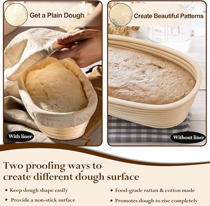 P&P CHEF Sourdough Bread Proofing Basket Set of 4, 10 Inch Oval Dough Proofing Bowls, Sourdough Bread Baking Supplies for Bakers, Handmade Rattan Baskets with Cloth Liner