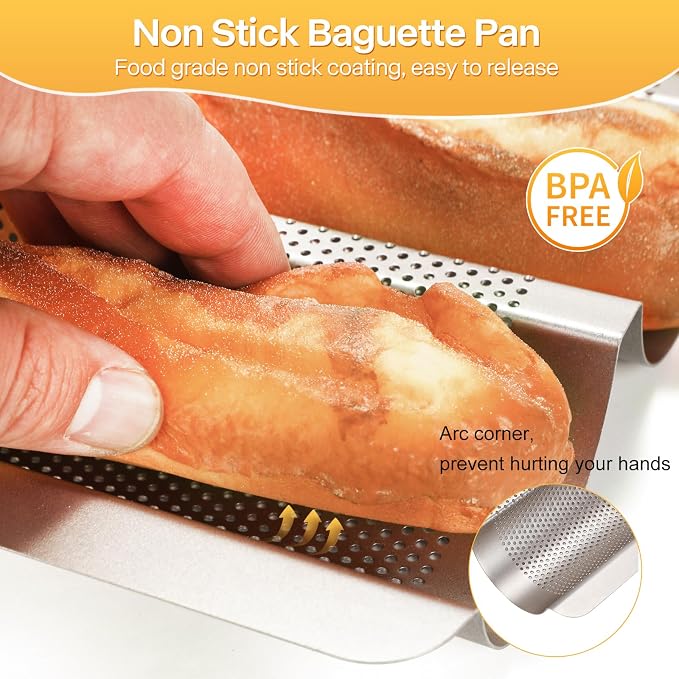 Baguette Bread Pan, Perforated French Bread Pan, Nonstick Bread Pans for Baking, with Baguette Kit – Includes Proofing Cloth & Dough Cutter, 15x11 Inch Golden, 3 Loaf