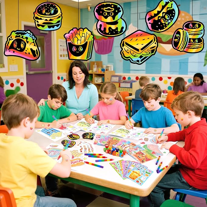 BenLouis 84 Pcs Fast Food Party Favors Food Coloring Books Bulk for Kids Classroom Pizza Birthday Gift Party Food Drink Candy Goodie Bag Fillers Donut Gift Decor Pinata Prize Activity Supplies