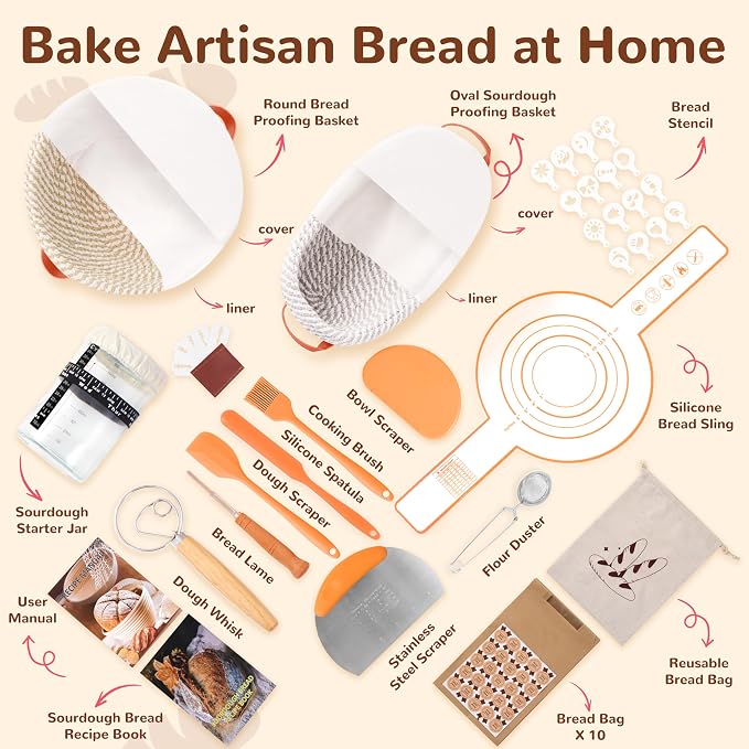Sourdough Starter Kit, 9" Round and 10" Oval Banneton Bread Baking Supplies, Bread Making Tools Kit, Sourdough Proofing Basket, Sourdough Kit Gifts for Bakers Women Wife Mom
