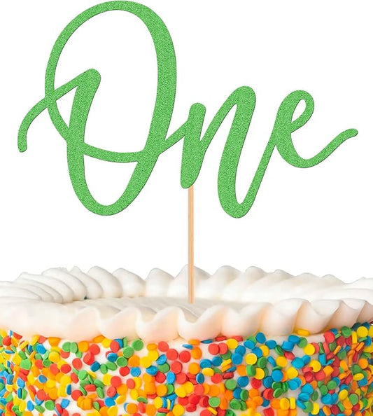 MYAMPED First Birthday Cake Topper - Glitter Green One Sign Cake Decorating Supplies for 1st Birthday, Baby Shower, Gender Reveal, Party or Photo Booth Props (Green)
