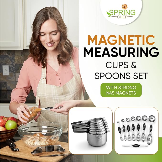 Spring Chef Stainless Steel Magnetic Measuring Cups & Spoons, Set of 15 with Leveler & Heavy Duty Can Opener with Magnetic Lid Remover - 2 Product Bundle - Black