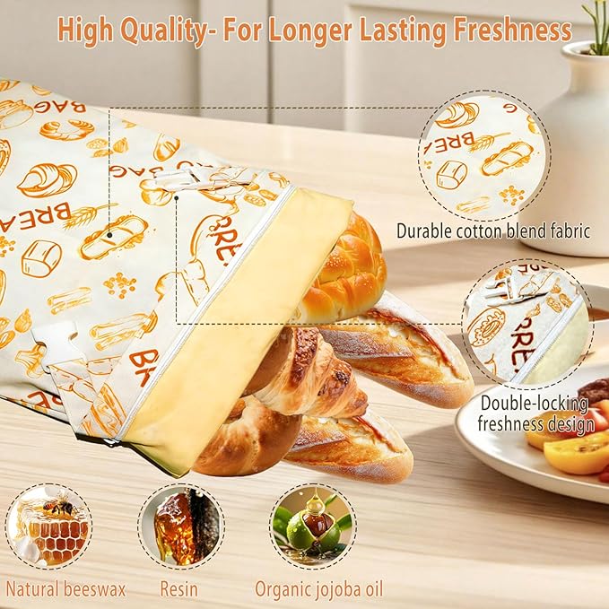 DBZ 2 Pack Beeswax Bread Bags, Reusable Bread Bags for Homemade Bread, 17 X 12 Inch Organic Linen Sourdough Bread Bags, Sustainable Food Storage Bags for Extended Freshness