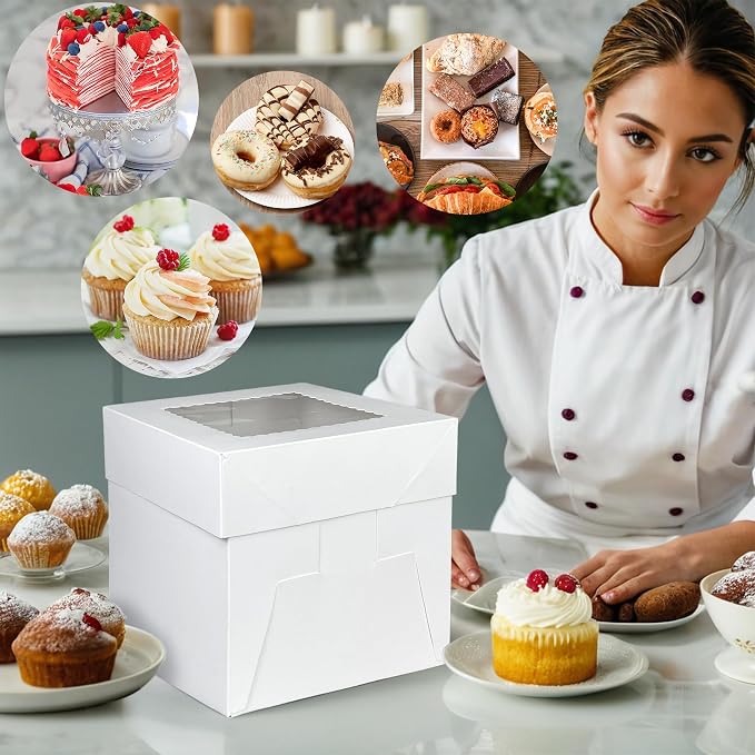 KEEPARTY 15 PCS Cake Boxes with Window 8x8x8 Inches White Bakery Boxes Square Containers for Cake Cupcakes Pastry