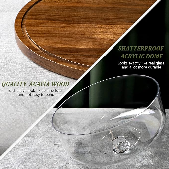 ANBOXIT Cake Stand with Dome Lid, Acacia Wood Cake Plate with Cover, Wooden Cake Display Stand with Acrylic Dome - Flat