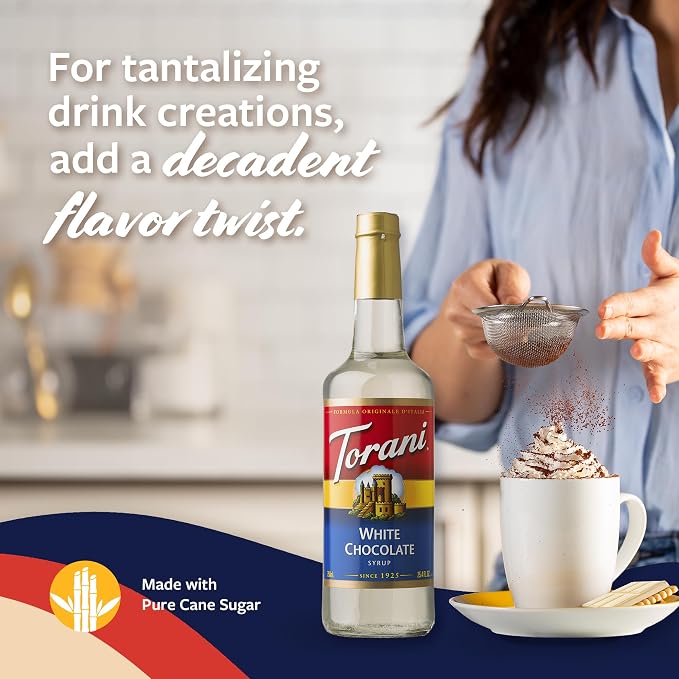 Torani Coffee Syrup, White Chocolate Flavored Syrup for Drinks, Glass Bottle 4-Pack, Pumps Included, 25.4 Fl Oz Ea