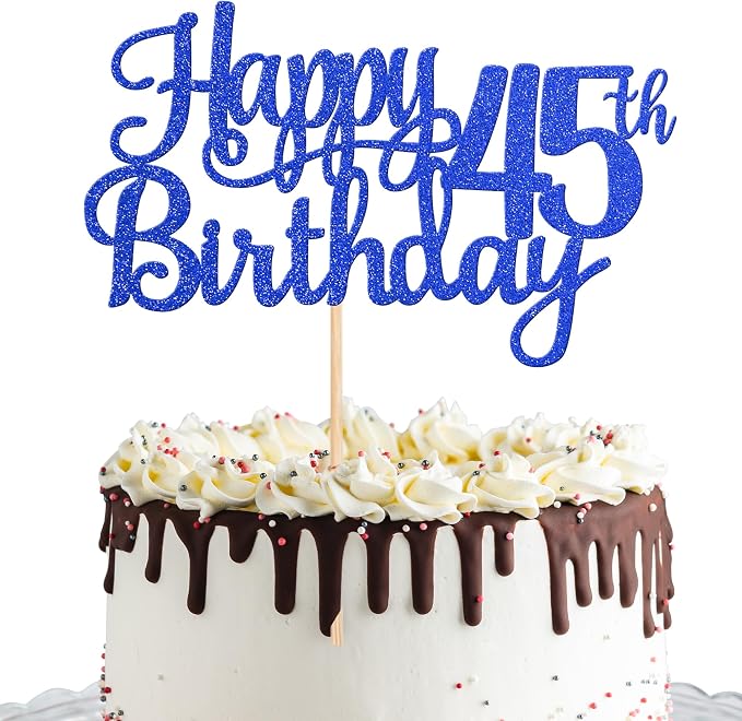 1 PCS Happy 45th Birthday Cake Topper Glitter Cheers to 45 Years Birthday Cake Pick Forty Five 45 Fabulous Cake Decoration for Happy 45th Birthday Theme Party Decorations Supplies Blue