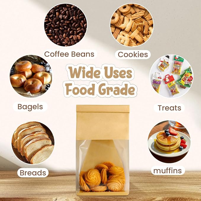 HONKID Bread and Cookie Bags with Seal, 200 Pack 11 x 5.1 x 3.9 Inches Bakery Bags with Window Reusable Tin Tie Tab Lock for Sealed Baked Goods Packaging for Pastry Bagels Breads Treats Cookies Brown