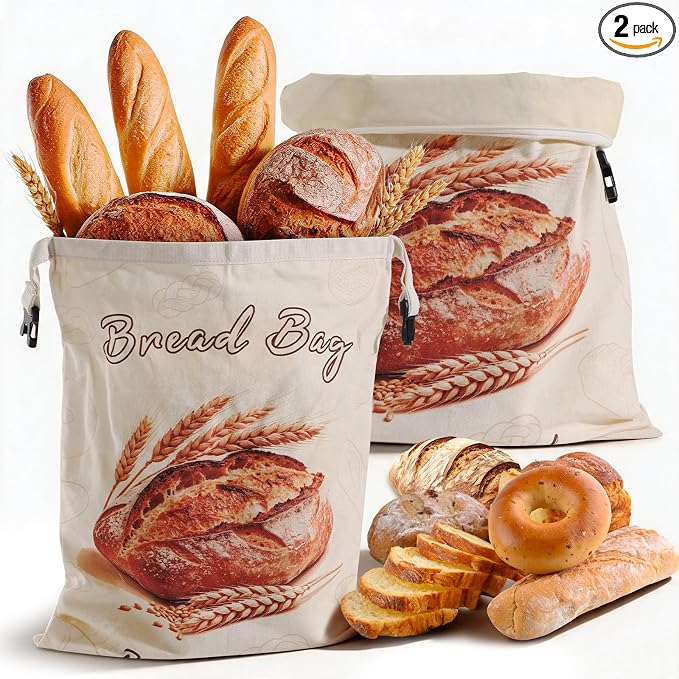 Beeswax Bread Bags for Sourdough, 2 Pack 17x13 Large Linen Bags with Zipper | Breathable Inner Lining, Moisture Lock, Moisture-proof & Fresh, Freezer Safe, Reusable & Washable, Zero Waste Kitchen
