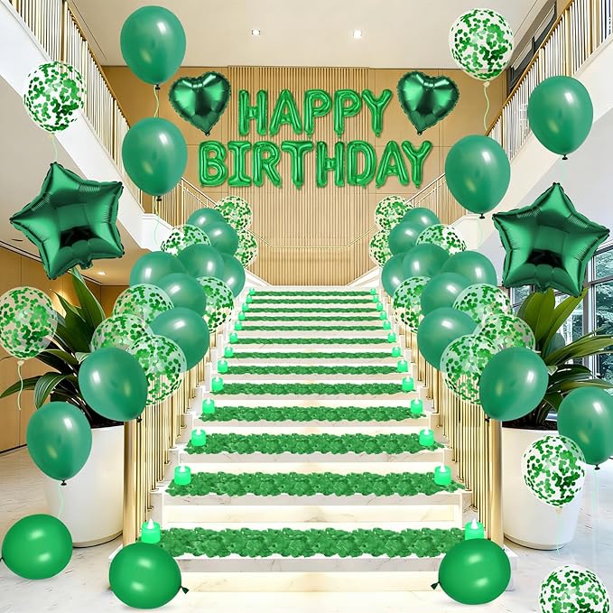 Green Happy Birthday Balloons Decorations Green Birthday Balloon Letters Banner with Star Heart Balloons 1000 Pcs Artificial Rose Petals 24 Flameless LED Candles for Hotel Birthday Party Supplies