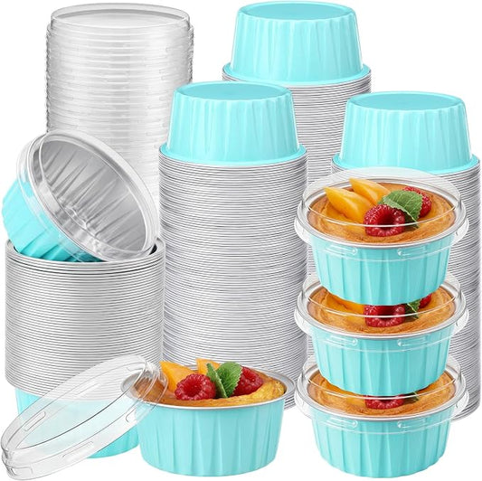Gejoy 400 Pcs Aluminum Foil Baking Cups with Lids 5 oz Disposable Ramekins Mini Cake Pans Creme Brulee Cupcake Liners Muffin Dessert Container for Wedding Birthday Party (Elegant,Blue Color)