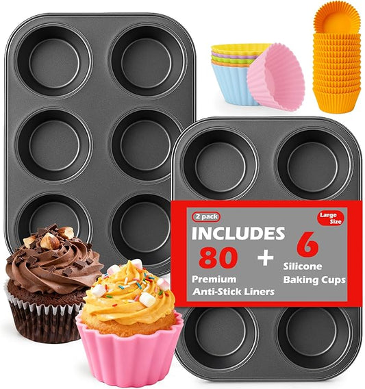 Mity rain 2 Pack Jumbo Muffin Pan, Premium Carbon Steel 6-Cup Cupcake Pan, with 80 Non-Stick Paper Liners & 6 Reusable Silicone Liners, Ideal for Party, Christmas, Home Baking Supplies