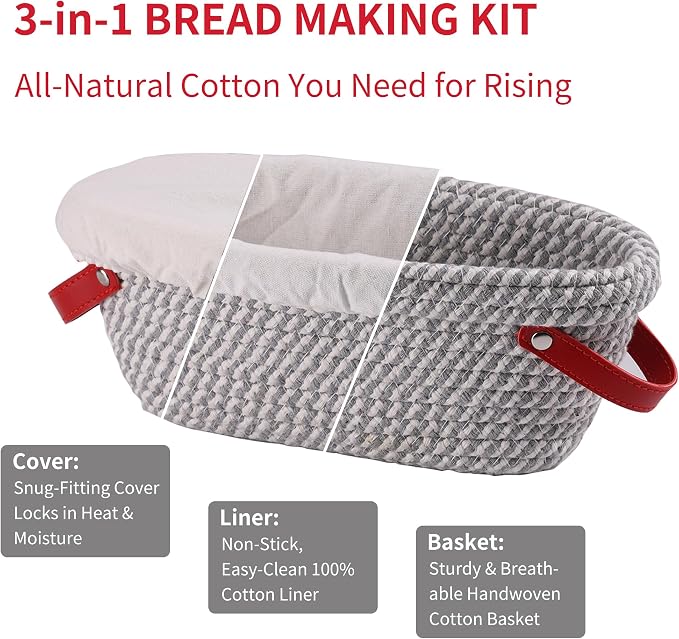 Banneton Bread Proofing Basket - Oval & Round Sourdough Bread Baskets Set - With Liner & Cloth Cover - For Bread Storage (Grey & Khaki Set) - Cotton Rope - Mother's Gifts