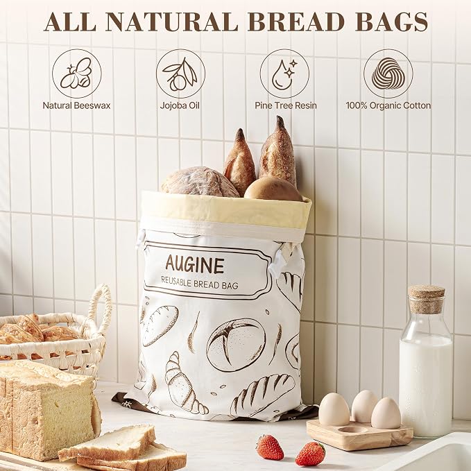 Beeswax Bread Bag, Reusable Bread Bags for Homemade Bread, 2 Pack Beeswax Bread Bags for Sourdough, Natural Cotton Sourdough Bread Bag, Large Capacity