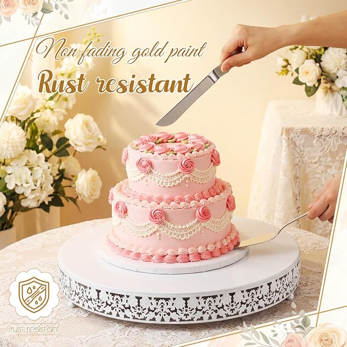 Wenqik 18 Inch White Cake Stand Set Metal Round Cupcake Dessert Stand with Cake Cutting, Flower Spatula Wedding Cupcake Pastry Display Candy Holder Display for Wedding Party Birthday Baby Shower