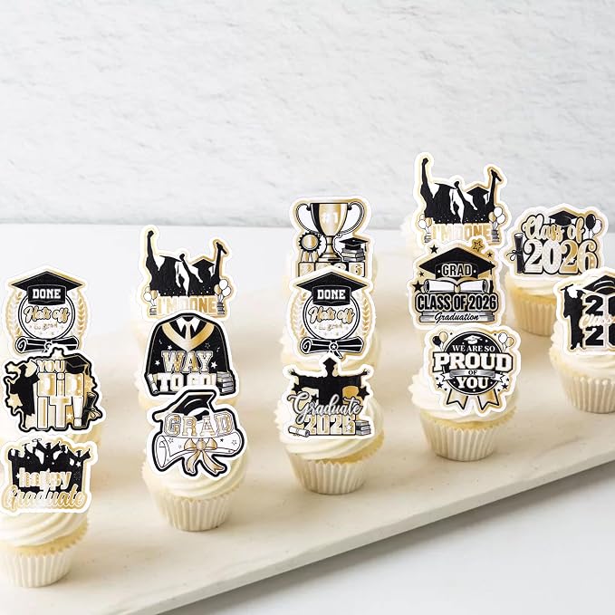 60 PCS Edible 2026 Graduation Cupcake Toppers Diploma Congrats Grad Cap Cupcake Picks Edible Done You Did it Cake Decorations for Class of 2026 Graduation Theme Party Decorations Supplies Black Gold