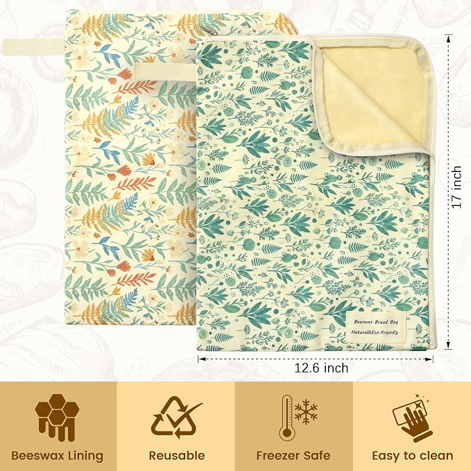 2 Packs Wide Zipper Access Beeswax Bread Bags for Homemade Bread,17"x12.6"Reusable Organic Beeswax Linen Cotton Sourdough Bag,Food Storage Bag,Freezer-Friendly with Water-Resistant Zip to Keep Fresh 2