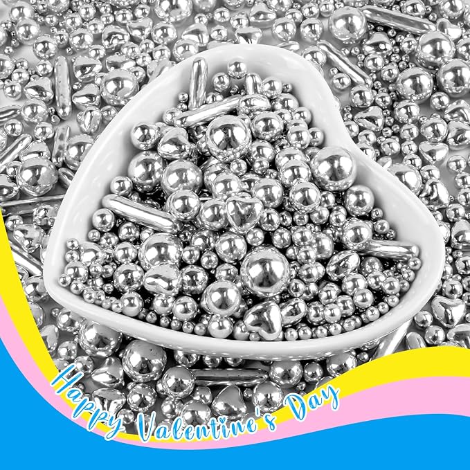 Silver Pearl Heart Sprinkles for Cake Decorating, 150g/5.29oz Mix Size Sugar, Heart Cake Decoration, Metallic Sprinkles, Love Sprinkles, Cupcakes, Baking, Wedding Party Supplies