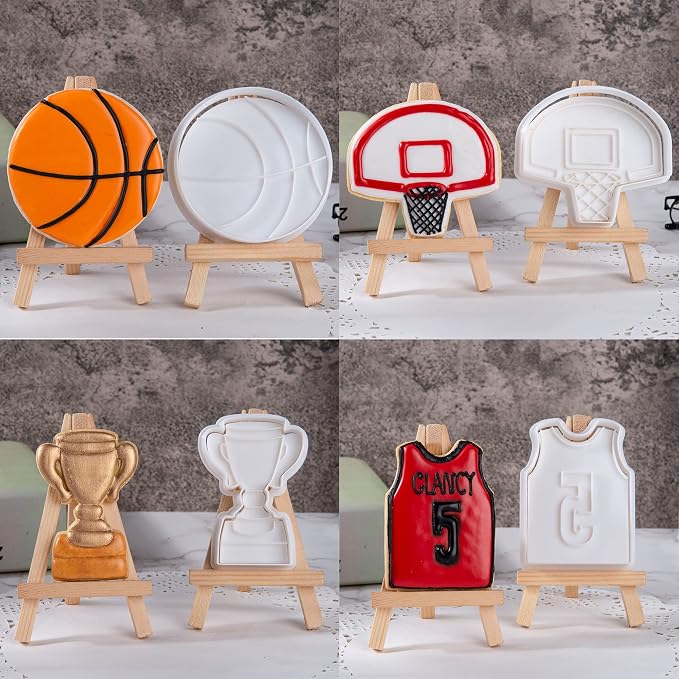 Mostop Basketball Cookie Cutter Set, 4 Pieces Sports Cookie Cutter with Stampers, Basketball, Hoop, Jersey, Trophy Cup, Cake Decoration Tools Birthday Party Supplies Favors