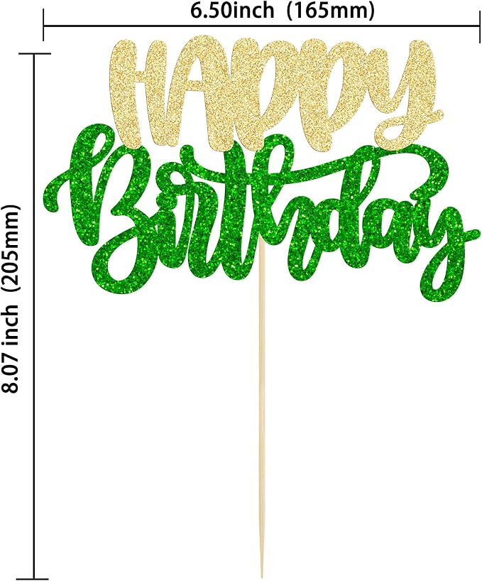 Gyufise 1Pcs Happy Birthday Cake Topper Glitter Happy Birthday Cake Pick for Christmas Theme Wedding Anniversary Theme Party Cake Decorations Supplies Green Gold