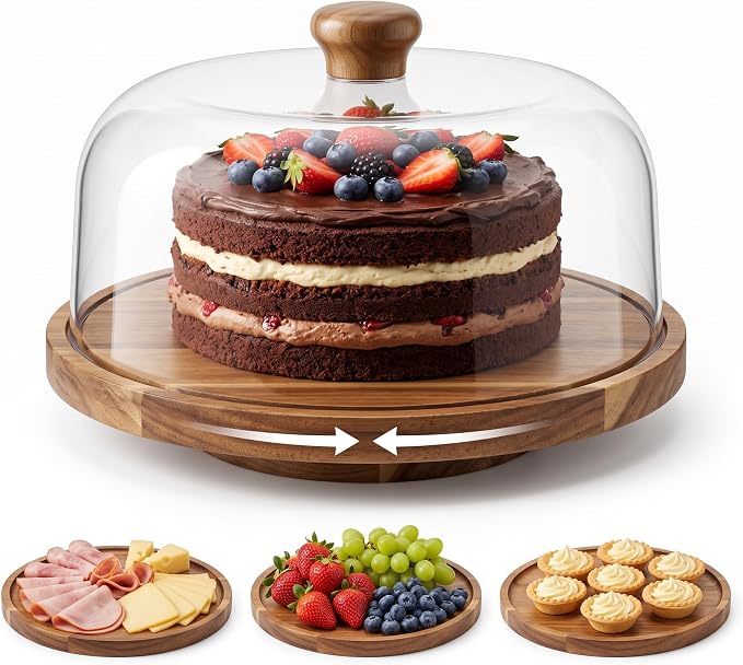 Rotating Acacia Wood Cake Stand with Lid 360°Rotating Cake Stand & Cake Turntable 11.4 Inch Wooden Cake Stand with Lid Clear Acrylic Cake Stand with Dome for Dessert Cupcake Display