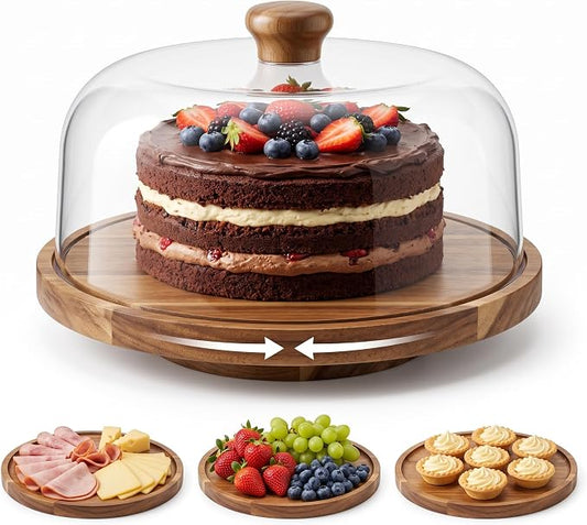 Rotating Acacia Wood Cake Stand with Lid 360°Rotating Cake Stand & Cake Turntable 11.4 Inch Wooden Cake Stand with Lid Clear Acrylic Cake Stand with Dome for Dessert Cupcake Display